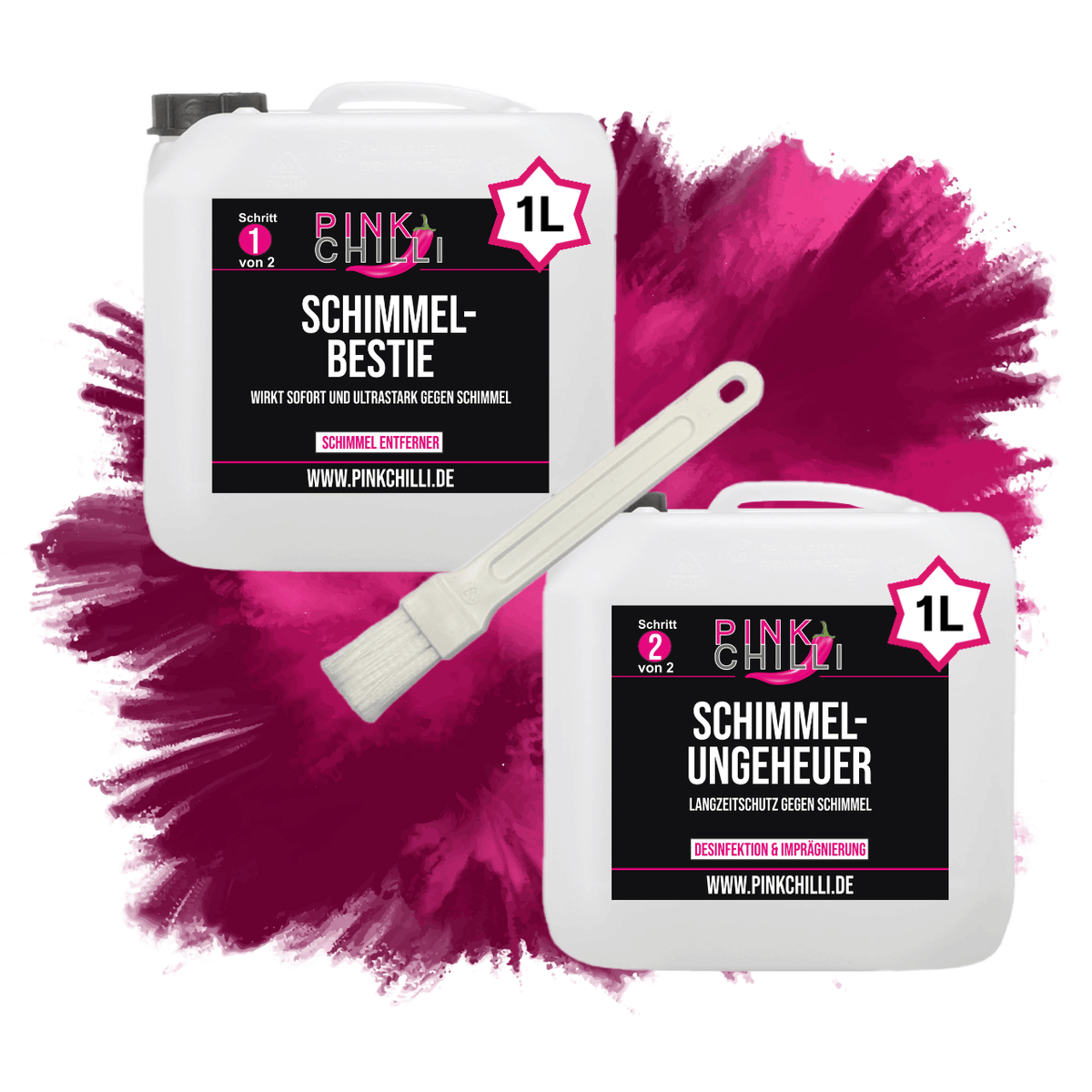 Pink Chilli Anti-Schimmel-Set: Schimmelbestie und Schimmelungeheuer in 1-Liter-Kanistern mit Pinsel