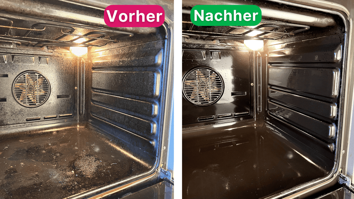 Vorher-Nachher-Vergleich: verschmutzter Backofen vor und sauberer Backofeninnenraum nach der Reinigung mit Muskelprotz