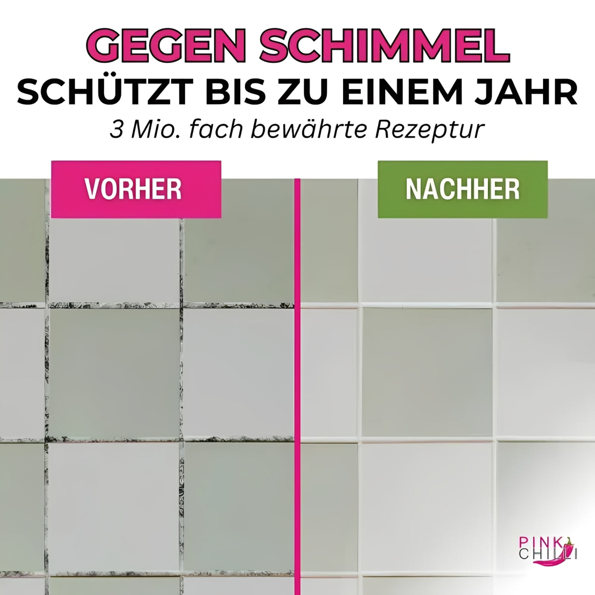 Vorher-Nachher-Vergleich von Fliesenfugen mit Schimmel und nach der Imprägnierung mit dem Schimmelungeheuer